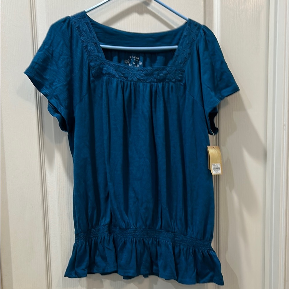 Sonoma Blue Short Sleeve Smocked Blouse with Ruffled Details
